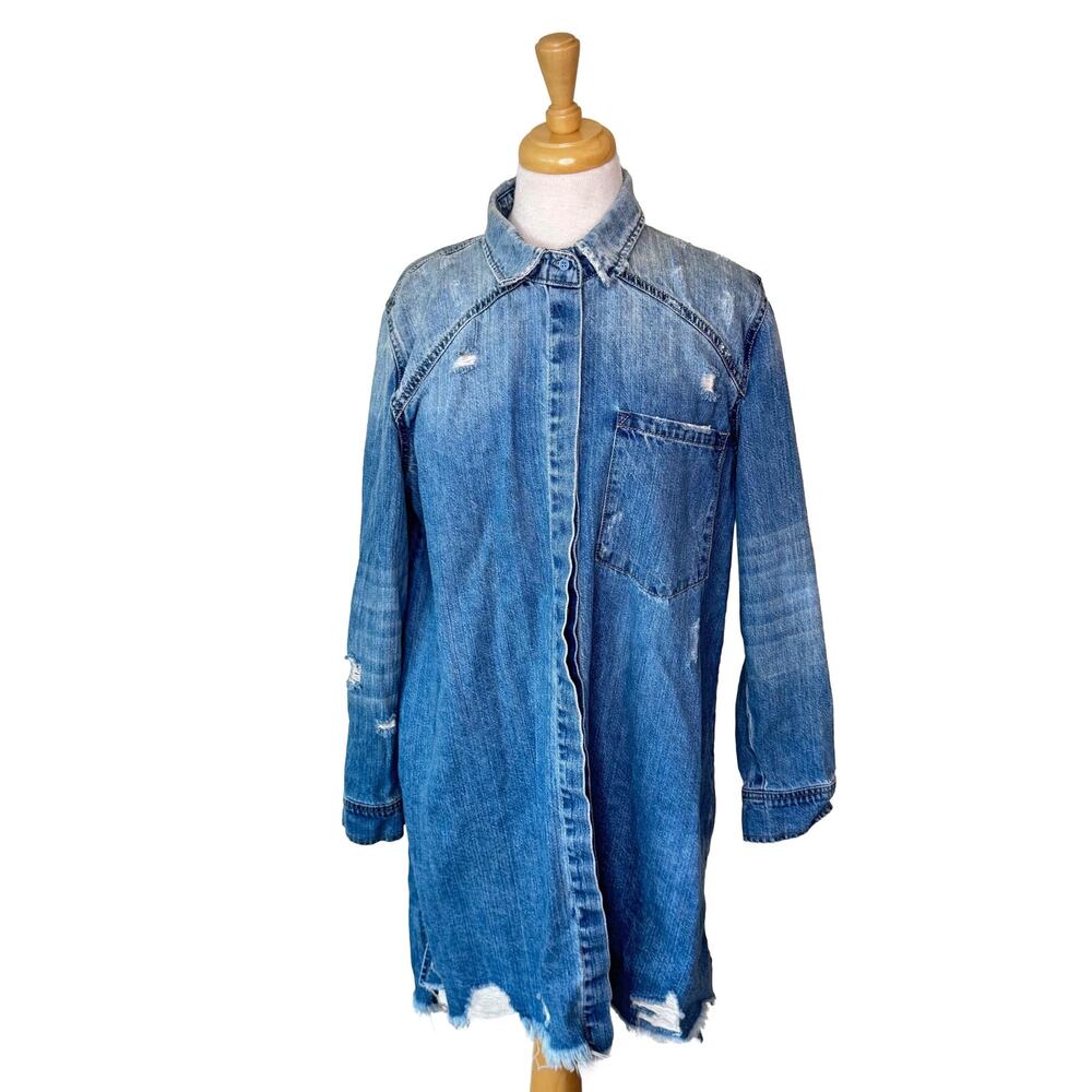 PISTOLA Willow Distressed Longline Denim Shirt Dress Jacket Size Medium